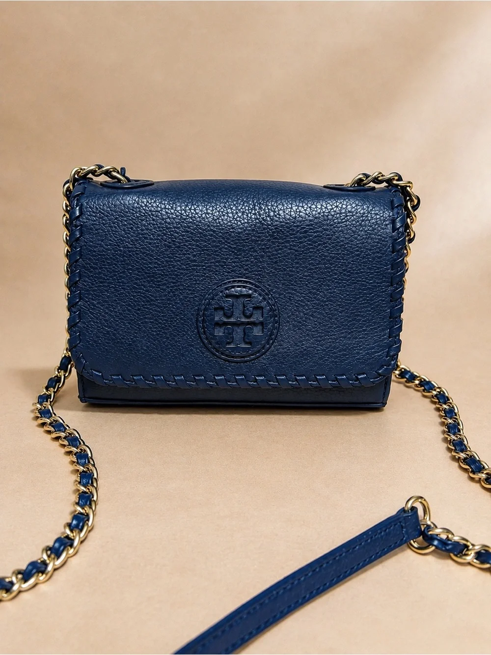 Tory Burch Navy Leather Whipstitch Logo Crossbody with Gold Chain